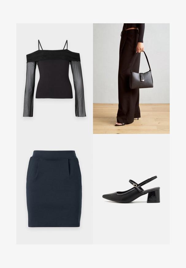 Top negro con hombros al descubierto, con tirantes finos y mangas largas transparentes de tela de tul translúcido.; Falda de jersey elástico azul marino con una silueta ajustada, que cuenta con una cinturilla suave y dos bolsillos frontales.; Tacones slingback de charol negro con punta afilada, un diseño de corte redondeado y tacón bloque. Incluye un detalle de hebilla en tono dorado.; Bolso negro con forma estructurada, textura suave y un cierre metálico. Combinado con pantalones anchos negros y sandalias de dedo en un suelo de madera.