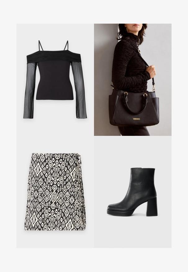 Top preto sem ombros com alças finas e mangas longas transparentes feitas de um tecido de malha translúcida.; Saco preto e branco com padrão geométrico de diamante, feito de tecido com acabamento texturizado. Projetado com uma abertura com aba.; Bota de couro preta até ao tornozelo com salto bloco e sola com plataforma, vista de lado sobre um fundo branco liso.; Bolsa preta com superfície texturizada, alças superiores duplas e alça de ombro ajustável. Apresenta ferragens em tom dourado e bolsos laterais.
