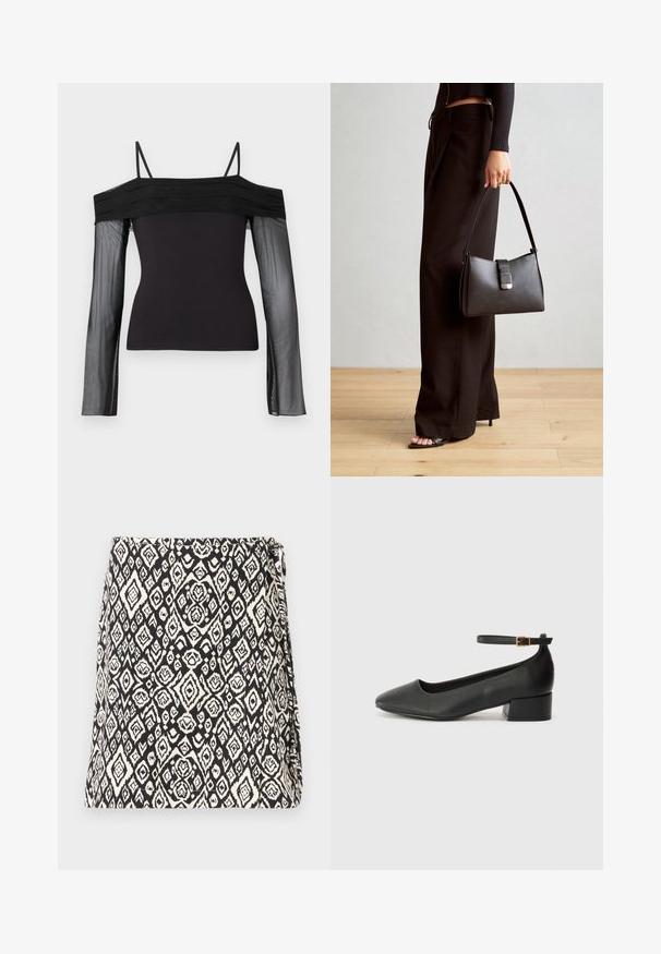 Schwarzes Off-Shoulder-Top mit dünnen Trägern und langen, transparenten Ärmeln aus durchsichtigem Netzstoff.; Schwarz-weiße Tasche mit einem geometrischen Diamantmuster, hergestellt aus einem Stoff mit strukturiertem Finish. Entworfen mit einem Klappenverschluss.; Schwarze Lederpumps mit spitzem Zehenbereich und niedrigem Blockabsatz. Mit einem Knöchelriemen und einer goldfarbenen Schnalle. Glatte Textur.; Schwarze Handtasche mit strukturierter Form, glatter Textur und einem metallischen Verschluss. Kombiniert mit weiten schwarzen Hosen und offenen Sandalen auf einem Holzboden.