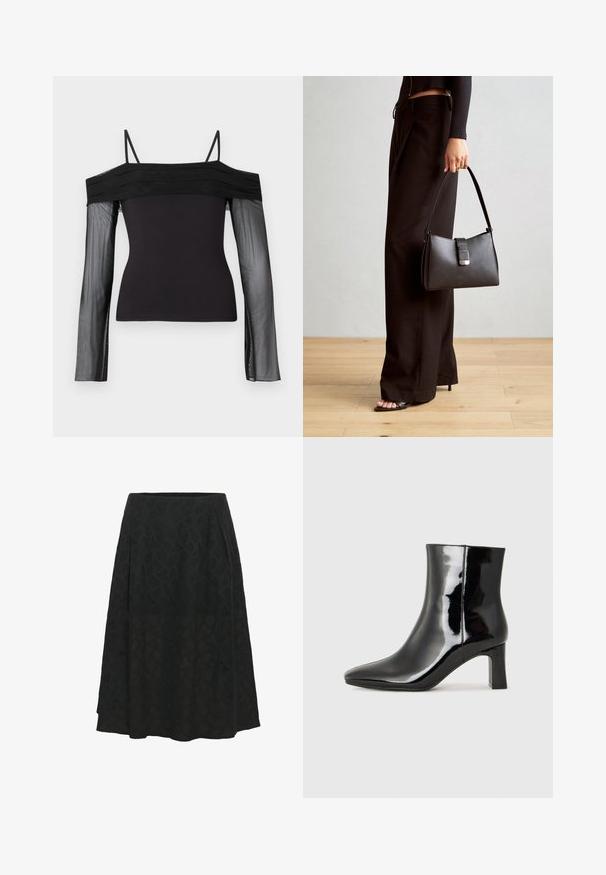 Sort off-shoulder top med tynde stropper og gennemsigtige lange ærmer lavet af gennemskinneligt mesh-stof.; Sort nederdel lavet af tekstureret stof med et subtilt geometrisk mønster, med en udvidet design og plisseringer for ekstra volumen.; Sort lakeret ankelstøvle med spids tå og en midt-højde blokhæl. Glat tekstur og minimalistisk design.; Sort håndtaske med struktureret form, glat overflade og metalspænde. Sammen med brede sorte bukser og sandaler med åben tå på trægulv.