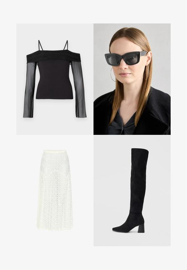 Haut noir décolleté avec des fines bretelles et des manches longues transparentes en tissu en maille translucide.; Jupe midi en dentelle blanche avec un tissu léger et texturé. Présente une silhouette évasée et des bords festonnés pour plus de détails.; Botte noire en daim montée jusqu'au genou, avec un talon bloc, un bout pointu et un design lisse et sans couture sur un fond clair.; Des lunettes de soleil en forme de chat noir avec des verres foncés, des montures épaisses et des accents subtils. Portées avec un manteau noir et un haut gris, avec des cheveux longs et raides.