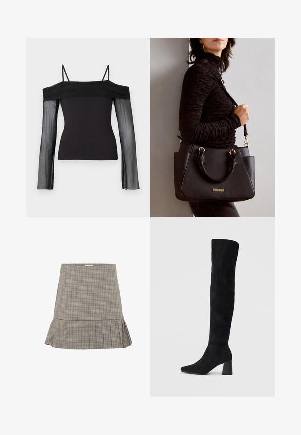 Crni top s otpadnim ramenima, tankim naramenicama i prozirnim dugim rukavima od mrežastog materijala.; Sivi karirani minić s lepršavim rubom, s diskretnim nabranim dizajnom i prilagođenim strukom. Izrađen od lagane tkanine.; Crne antilop čizme do koljena s blok potpeticom, šiljastim prstom i glatkim, bešavnim dizajnom na običnoj svijetloj pozadini.; Crna torba s teksturiranom površinom, dvostrukim gornjim ručkama i podesivom remenom za rame. Ima zlatne metalne detalje i bočne džepove.