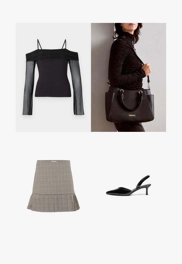 Sort off-shoulder top med tynde stropper og gennemsigtige lange ærmer lavet af gennemskinneligt mesh-stof.; Grå ternet nederdel med en udvidet kant, der har et subtilt plisseret design og en tætsiddende talje. Fremstillet af letvægtsstof.; Sorte patentlæder slingback hæle med spids tå, lav stiletto hæl og et elegant, enkelt design uden pynt.; Sort håndtaske med struktureret overflade, dobbelt topbærere og justerbar skulderrem. Udstyret med guldfarvet metalhardware og sidelommer.