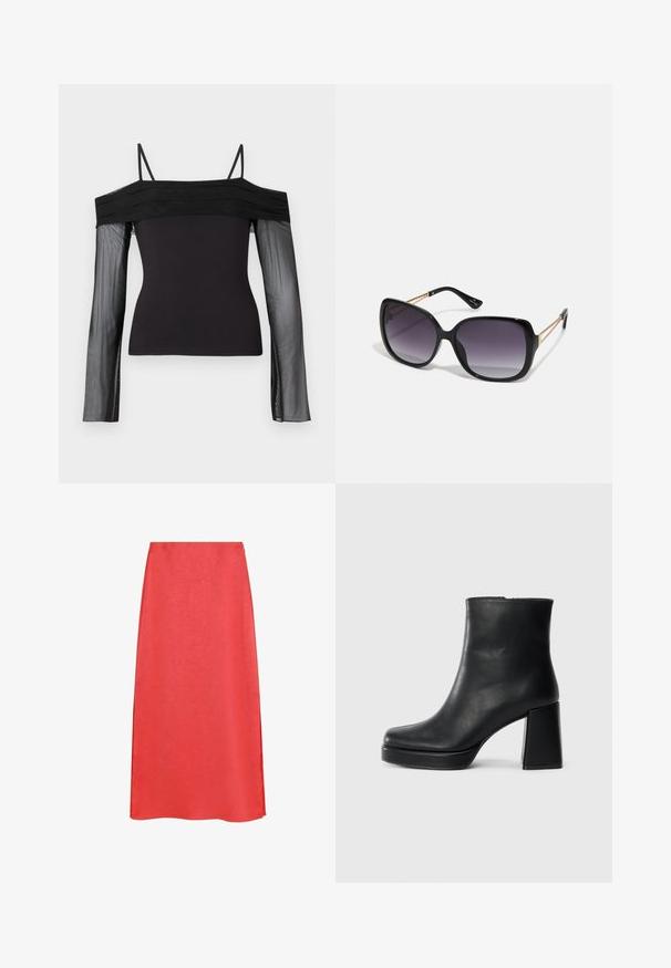 Haut noir décolleté avec des fines bretelles et des manches longues transparentes en tissu en maille translucide.; Jupe midi rouge avec une texture lisse, présentant un léger éclat et une silhouette en A. Aucun motif visible ni détail matériel.; Bottine en cuir noir avec un talon bloc et une semelle plateforme, vue de côté sur un fond blanc uni.; Lunettes de soleil noires surdimensionnées avec des verres dégradés, monture épaisse et détails en chaîne dorée sur les branches.
