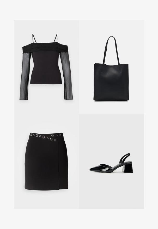 Black off-shoulder top with thin straps and sheer long sleeves made of translucent mesh fabric.; Morgan JILLY - Wrap skirt - noir; Black patent leather slingback heels with a pointed toe and a geometric block heel. Features a sleek, minimal design and smooth texture.; Black leather tote bag with smooth texture, rectangular shape, and two long handles. No visible hardware or embellishments.