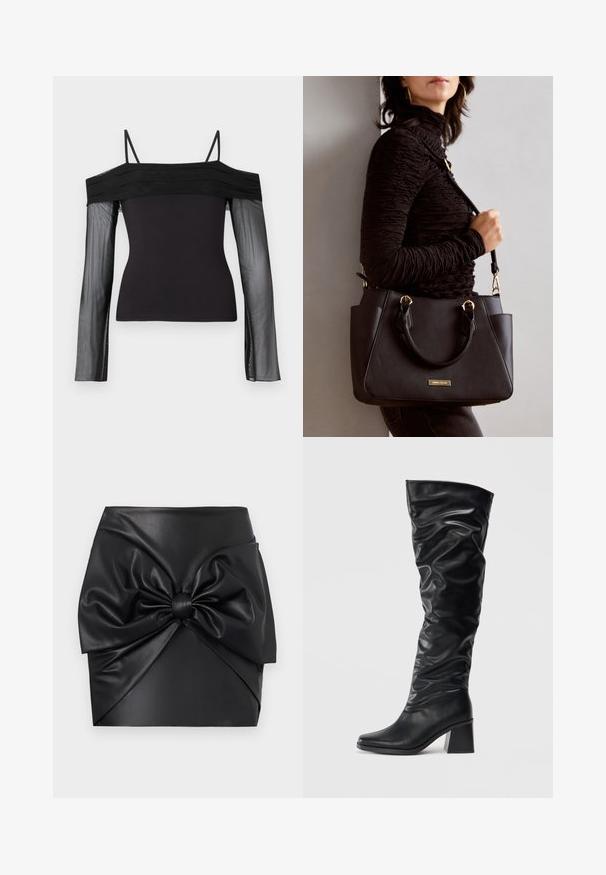 Haut noir décolleté avec des fines bretelles et des manches longues transparentes en tissu en maille translucide.; Mini-jupe en simili cuir noir avec un grand nœud à l'avant, texture lisse et silhouette structurée avec des détails plissés.; Bottes noires montantes en cuir brillant avec un design froncé, bout pointu et talon block chunky. Texture lisse avec un léger éclat.; Sac à main noir avec surface texturée, deux poignées supérieures et bandoulière réglable. Doté de quincaillerie dorée et de poches latérales.