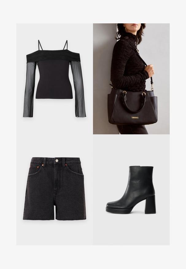 Top preto sem ombros com alças finas e mangas longas transparentes feitas de um tecido de malha translúcida.; Calções de ganga pretos com cintura alta, bolsos frontais, rebites de cobre e fecho com botão. Apresentam uma textura suave e um design de perna reta.; Bota de couro preta até ao tornozelo com salto bloco e sola com plataforma, vista de lado sobre um fundo branco liso.; Bolsa preta com superfície texturizada, alças superiores duplas e alça de ombro ajustável. Apresenta ferragens em tom dourado e bolsos laterais.