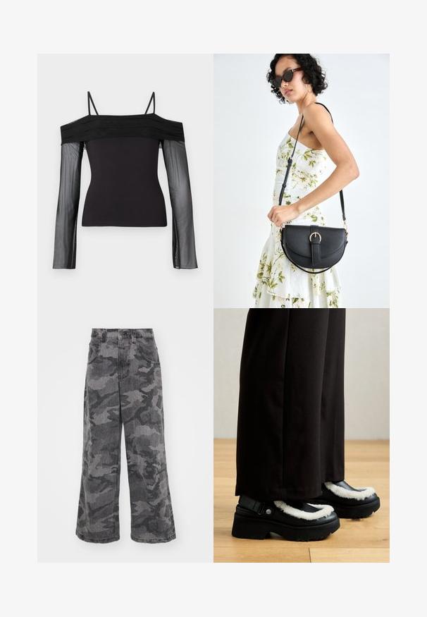 Black off-shoulder top with thin straps and sheer long sleeves made of translucent mesh fabric.; Wide-leg camouflage jeans in shades of gray, made of denim, featuring two side pockets and a high waist design. Textured fabric with a printed pattern.; Black platform shoes feature a white furry trim, rounded toe, and strap with a metal button. Worn with black pants on a wooden floor.; Black leather handbag with a curved shape, detachable strap, and gold hardware. The bag features a flap with a buckle detail.