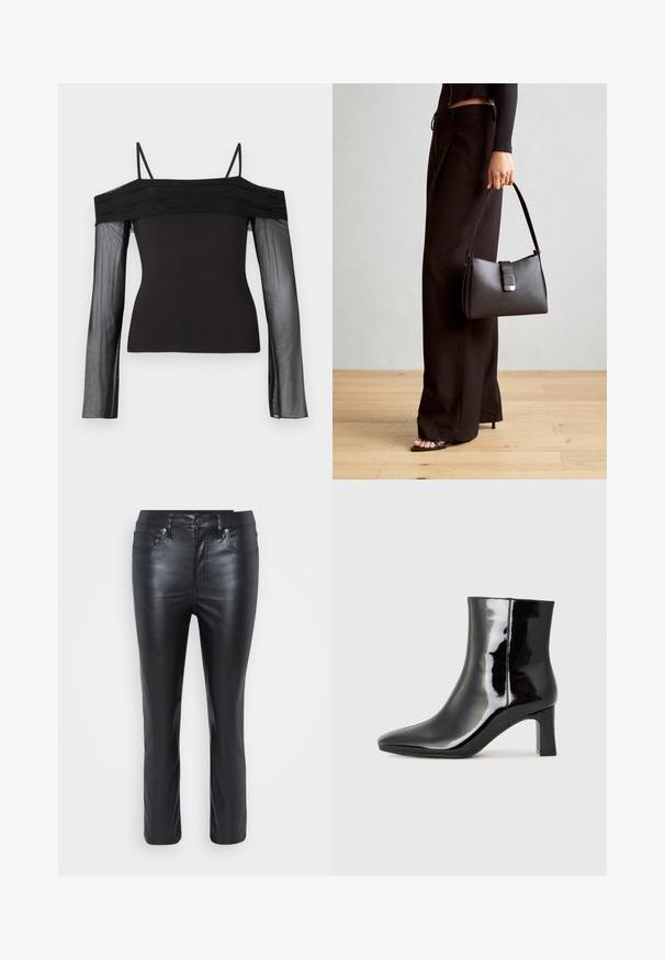 Top preto sem ombros com alças finas e mangas longas transparentes feitas de um tecido de malha translúcida.; Calças de couro pretas com um corte justo, apresentando bolsos frontais, fecho com botão e um leve brilho. As pernas são de corte reto com detalhes cosidos.; Botim de tornozelo em pele sintética preta com bico apontado e salto bloco de altura média. Textura suave e design minimalista.; Bolsa preta com forma estruturada, textura suave e um fecho metálico. Combinada com calças largas pretas e sandálias de salto aberto sobre um chão de madeira.