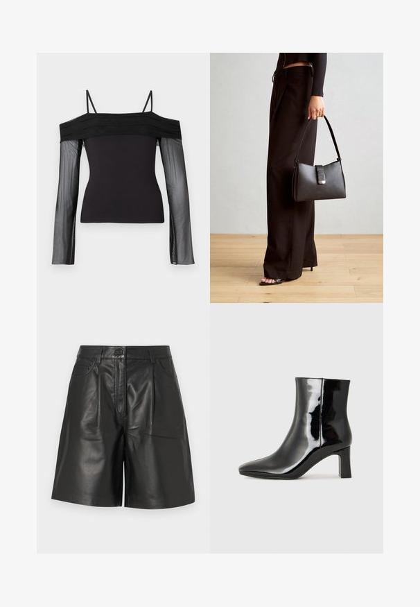 Crni top s otpadnim ramenima, tankim naramenicama i prozirnim dugim rukavima od mrežastog materijala.; Crne kožne hlače od glatkog materijala, s prednjim zatvaranjem na gumb, dva džepa i krojem ravnog kroja.; Crne lakirane kožne gležnjače s šiljastim prstom i srednje visokom blok petom. Glatka tekstura i minimalistički dizajn.; Crna torba s oblikom koji sadrži strukturu, glađu teksturu i metalnu kopču. Uparena s širokim crnim hlačama i sandalama na otvorenom s drvenog poda.