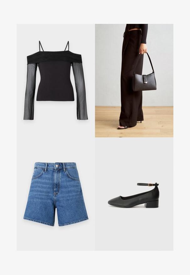 Must värviline õlgadelt avatud pluus õhukeste rihmadega, millel on läbipaistvad pikad varrukad, valmistatud läbipaistvast võrgumaterjalist.; Keskmise sinise värvusega teksalühikesed püksid, millel on kõrge vöökoht, viis taskut ja kontrastõmblused. Kanga tekstuur on sile ja jalgade lõige sirge.; Must mustaapp, millel on terav nina ja madal blokk-kand. Omab pahkluu rihma koos kuldse tooni pandlaga. Sile tekstuur.; Must musta kott, millel on struktureeritud kuju, sile tekstuur ja metallist klamber. Kombineeritud laiate mustade pükstega ja avatud varvaste sandaalidega puidust põrandal.