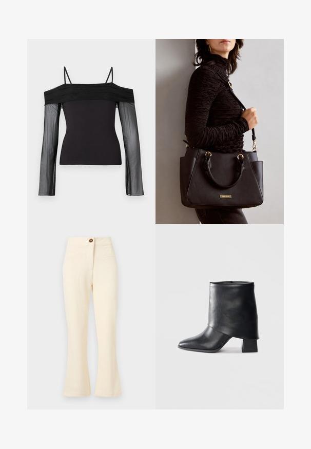 Juodas off-shoulder palaidinė su plonomis petnešėlėmis ir skaidriomis ilgomis rankovėmis, pagaminta iš permatomos tinklinės medžiagos.; Kreminės spalvos platėjančios kelnias su tekstūruotu audiniu, priekinėmis kišenėmis ir vienu ruduo mygtuku juosmens srityje.; Juodos odinės kulkšnės botai su smailiu pirštu, lygiu paviršiumi ir standžiu blokiniu kulnu. Ypatybė - aukštas, sulankstytas užkulnis.; Juodas rankinės maišelis su struktūrizuota paviršiumi, dvigubais viršutiniais rankenėlėmis ir reguliuojamu peties diržu. Įrengtas aukso spalvos furnitūra ir šoninės kišenės.