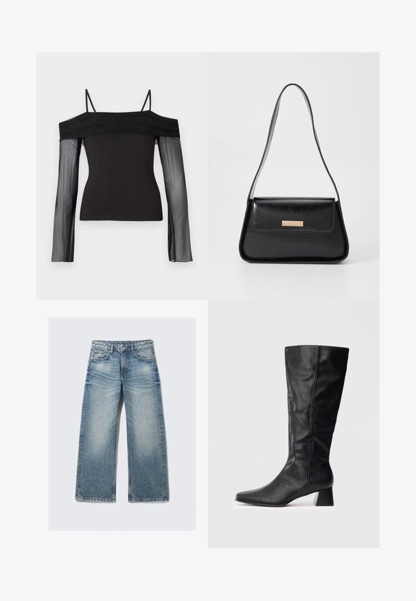Top preto sem ombros com alças finas e mangas longas transparentes feitas de um tecido de malha translúcida.; Jeans de perna larga azul claro feitos de denim, com cintura alta, cinco bolsos e lavagem desbotada com um efeito sutil de desgaste.; Bota de couro preta até ao meio da panturrilha, com bico apontado e salto quadrado, sobre um fundo claro liso.; Bolsa de couro preta com uma forma triangular estruturada, alça fina e metalização dourada, apresentando uma placa de logotipo no flap frontal.