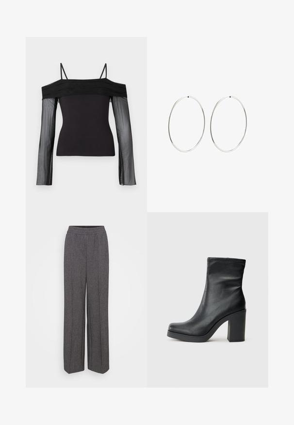 Black off-shoulder top with thin straps and sheer long sleeves made of translucent mesh fabric.; Gray, wide-leg trousers with an elastic waistband, featuring a textured fabric and a subtle pattern. No pockets or visible closures.; Black leather ankle boot with a high block heel, smooth texture, fitted design, and stitched detailing at the top.; Silver hoop earrings with a smooth, round design and a polished finish. They are thin and lightweight, featuring a simple clasp closure.