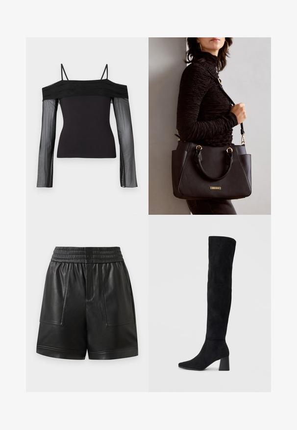 Top preto sem ombros com alças finas e mangas longas transparentes feitas de um tecido de malha translúcida.; Calções em material sintético preto, com cintura elástica, botão de pressão frontal, grandes bolsos frontais e bainha reta.; Bota de camurça preta até ao joelho com salto bloco, bico fino e design suave e sem costuras sobre um fundo claro.; Bolsa preta com superfície texturizada, alças superiores duplas e alça de ombro ajustável. Apresenta ferragens em tom dourado e bolsos laterais.