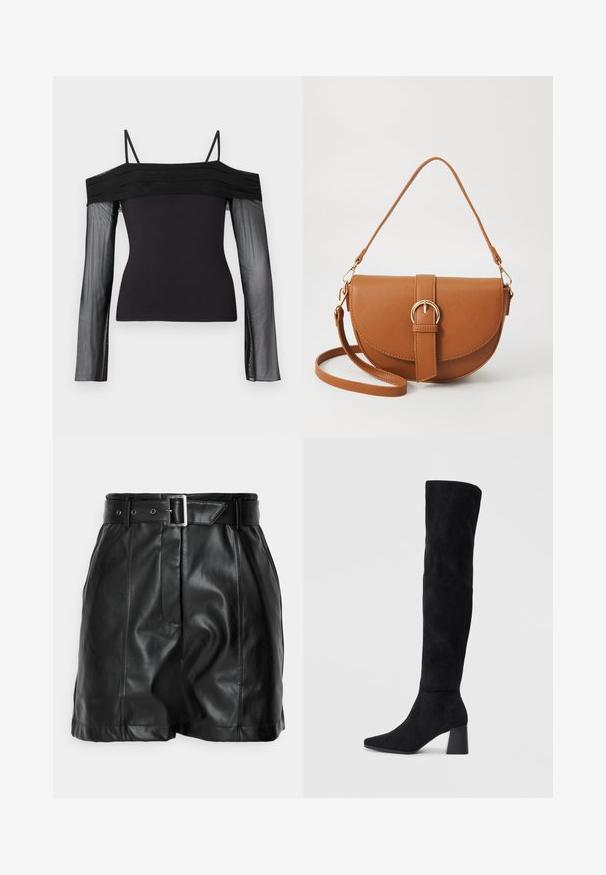 Mustat olkaimeton paita, jossa on ohuet hihnat ja läpinäkyvät pitkät hihat, jotka on valmistettu läpikuultavasta verkkomateriaalista.; Mustat nahkahousut, joissa on sileä tekstuuri, korkea vyötärö ja leveä vyö, jossa on suorakulmainen hopea solki. Etupuolella on poimuinen muotoilu.; Musta samettinen polvipitkä saapas, jossa on lohkarekorko, terävä nilkka ja sileä, saumatonta muotoilua tasaisella vaalealla taustalla.; Ruskean nahkainen olkalaukku, jossa on kaareva muoto, kultaiset yksityiskohdat ja solkiyksityiskohta. Varustettu irrotettavalla olkahihnalla.