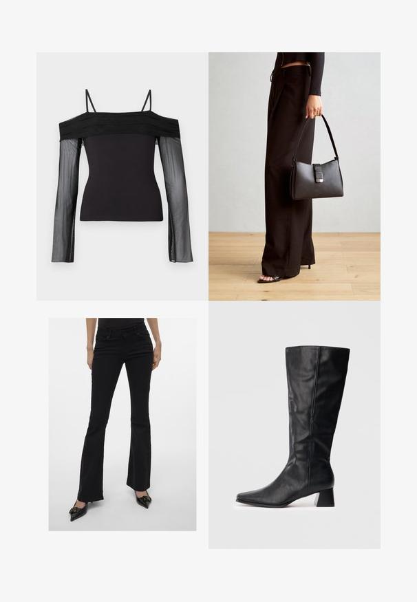 Must värviline õlgadelt avatud pluus õhukeste rihmadega, millel on läbipaistvad pikad varrukad, valmistatud läbipaistvast võrgumaterjalist.; Mustad mustad teksad, millel on stiilne lõige, viie tasku disain ja diskreetne õmblus. Valmistatud denimist, keskmise kõrguse vöökohaga.; Must sukalapala nahkasaapad terava nina ja ploki kontsaga, kerget heledal taustal.; Must musta kott, millel on struktureeritud kuju, sile tekstuur ja metallist klamber. Kombineeritud laiate mustade pükstega ja avatud varvaste sandaalidega puidust põrandal.