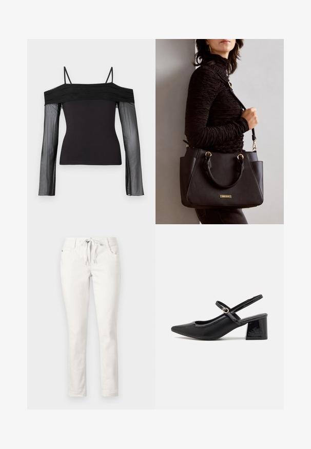 Top negro con hombros al descubierto, con tirantes finos y mangas largas transparentes de tela de tul translúcido.; Pantalones blancos de corte ajustado con cintura elástica, bolsillos frontales y textura suave. Aptos para un uso casual o entornos relajados.; Tacones slingback de charol negro con punta afilada, un diseño de corte redondeado y tacón bloque. Incluye un detalle de hebilla en tono dorado.; Bolso negro con superficie texturizada, doble asa superior y correa para hombro ajustable. Presenta herrajes en tono dorado y bolsillos laterales.