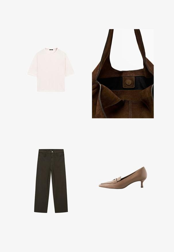 Short-sleeve, crew-neck t-shirt in soft light pink fabric. Loose fit with straight hem and no visible patterns or embellishments.; Dark green wide-leg jeans made of cotton blend, featuring a front button closure, five pockets, and classic denim stitching.; Beige leather pointed-toe pump with a small heel, featuring a decorative strap and buckle across the vamp. Smooth texture, sleek design.; Brown suede tote bag with long handles, interior black lining, magnetic button closure, and embossed logo. Soft texture and minimal design.