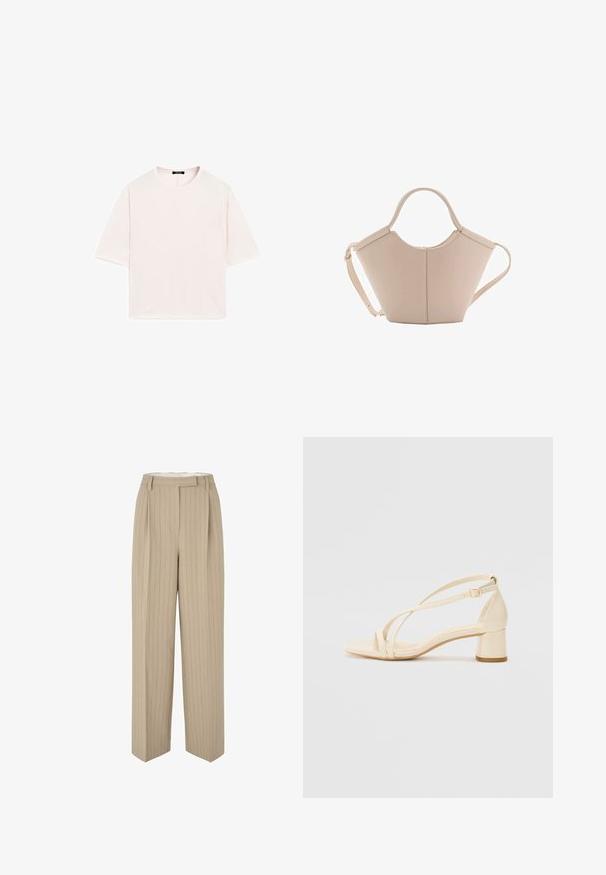 Tričko s krátkým rukávem a kulatým výstřihem vyrobené z měkké látky v jemně růžové barvě. Volný střih s rovním lemem a bez viditelných vzorů či ozdob.; Béžové široké kalhoty s vertikálními proužky. Vyrobené z texturované tkaniny, s nařaseným předním dílem, poutky na opasek a dokonale střiženým siluetou.; Béžové sandály na podpatku s blokovým podpatkem, s řemínkovým designem a nastavitelným kotníkovým páskem, vyrobené z hladkého syntetického materiálu s matným povrchem.; Beige kožená kabelka s jedinečným tvarem, vybavená dvěma krátkými uchy a dlouhým nastavitelným popruhem. Hladká textura s minimem kovových doplňků.