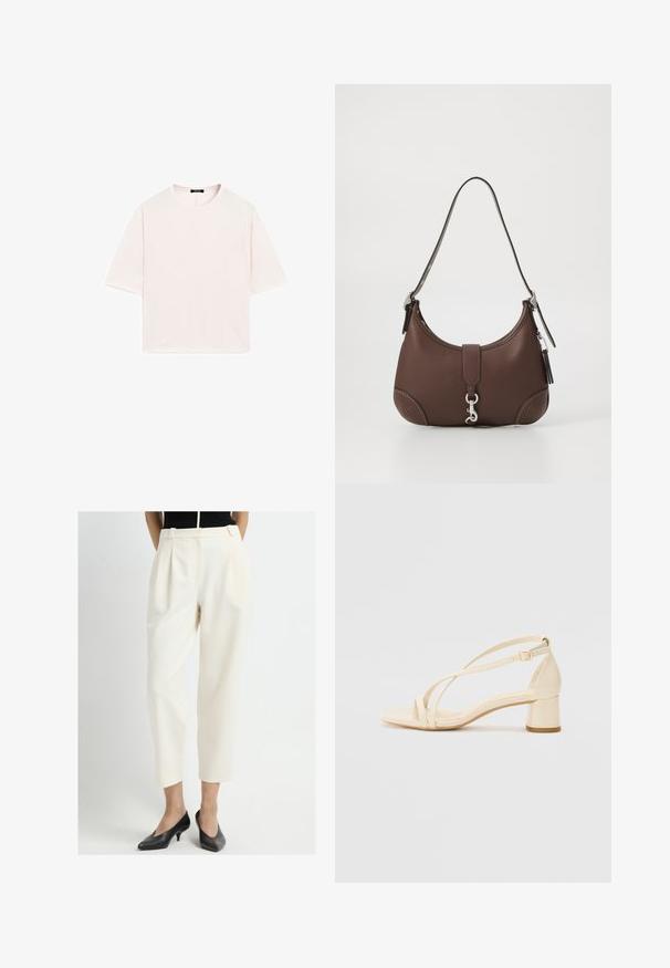 Short-sleeve, crew-neck t-shirt in soft light pink fabric. Loose fit with straight hem and no visible patterns or embellishments.; Cream-colored high-waisted trousers with pleats, tapered legs, and side pockets, paired with black low-heeled shoes. Smooth texture.; Beige heeled sandals with a block heel, strappy design, and adjustable ankle strap, made of smooth synthetic material with a matte finish.; Brown leather handbag with a rounded shape, silver hardware, and decorative stitching. Features a shoulder strap and clasp closure.