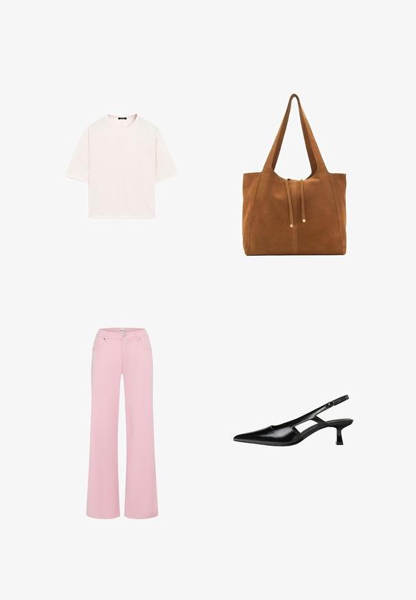 Short-sleeve, crew-neck t-shirt in soft light pink fabric. Loose fit with straight hem and no visible patterns or embellishments.; Pink wide-leg pants made of soft cotton blend fabric. Features two front pockets, a button closure, and a mid-rise waistband.; Black patent leather slingback heels with a pointed toe, cut-out side design, and a small square heel. Smooth texture with minimal accents.; Brown suede tote bag with two long straps, drawstring closure, and minimalistic design. Smooth texture and no visible hardware accents.