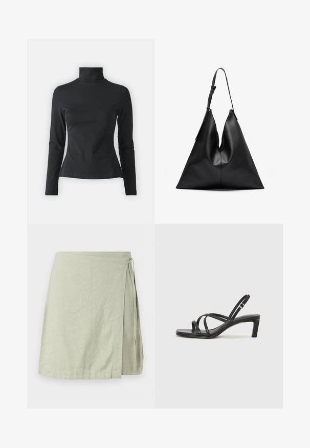 Even&Odd Petite T-shirt à manches longues - black; Jupe portefeuille en tissu léger et texturé de couleur vert tendre, dotée d'une fermeture à nouer sur le côté et d'un ourlet droit.; Sandale noire à lanières avec un bout carré et un petit talon bloc. Elle présente plusieurs fines lanières et une sangle de cheville ajustable. Fabriquée en cuir lisse.; Sac à main triangulaire en cuir noir avec une seule bandoulière ajustable et une structure douce, légèrement affaissée.