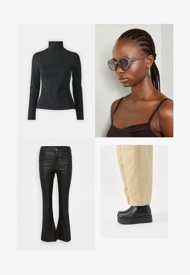 Even&Odd Petite Camisola de manga comprida - black; Calças flare pretas com uma textura brilhante, semelhante a couro, apresentando bolsos frontais, fecho com botão e fendas laterais na bainha.; Botas de tornozelo em pele preta com bico arredondado e sola de plataforma. Combinadas com calças largas bejes, com detalhes de costura visíveis.; Óculos de sol cinzentos de tamanho oversized com uma forma arredondada e lentes escuras. Armação de plástico elegante com um acabamento suave. O modelo tem cabelo trançado.