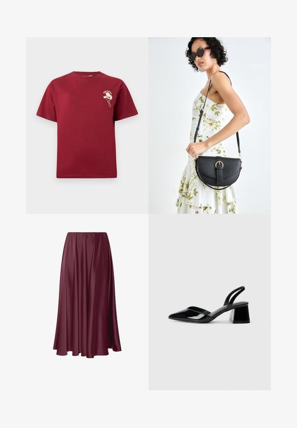 Burgundská bavlněná trička s krátkými rukávy a kulatým výstřihem, s grafickým vyšitým motivem v světlé barvě na levé části hrudi.; Burgundská sukně ke kotníkům vyrobená z hladké, lesklé látky s volným designem a elastickým pasem. Žádné vzory ani akcenty nejsou přítomny.; Černé lakované kožené lodičky na pásku s špičatou špičkou a geometrickým blokovým podpatkem. Vyznačují se elegantním, minimalistickým designem a hladkým povrchem.; Černá kožená kabelka s křivkovým tvarem, odnímatelným popruhem a zlatými detaily. Kabelka má klopu s přezkou.