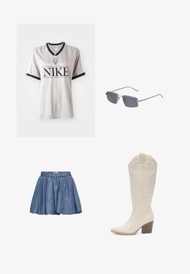 Grijs gestreepte Nike-jersey met een zwarte V-halskraag, voorzien van een opvallend zwart logo en witte accenten op de mouwen.; Denim rok met een elastische tailleband, uitlopende ontwerp en een lichtblauwe kleur. Heeft een zachte textuur en geplooide stof.; Kniehoge witte leren cowboylaars met geborduurde bloemenpatronen, puntige neus en een gestapelde houten hak. Zachte textuur en gestroomlijnd ontwerp.; Zonnebril met een rechthoekig frame, metallic zilveren randen en donkergrijze glazen. Dunne veren en verstelbare neussteunen voor comfort.