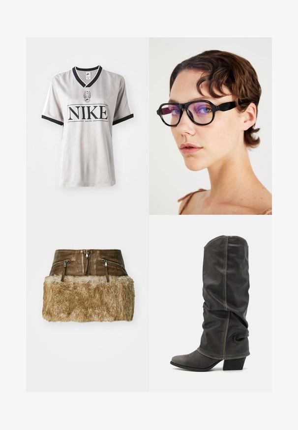 Grijs gestreepte Nike-jersey met een zwarte V-halskraag, voorzien van een opvallend zwart logo en witte accenten op de mouwen.; Bruine leren rok met een nepbont rand, voorzien van twee ritszakken en een gladde textuur op het bovenste gedeelte.; Grijze leren laarzen tot de kuit met een slouchy ontwerp, spitse neus en gestapelde hak. Opmerkelijke stikdetails op het neusstuk.; Zwarte rechthoekige brillen met paars getinte lenzen, voorzien van een dikke rand en rechte zijkanten, die een modern ontwerp benadrukken.; Grijze corduroy tas met twee korte handvatten, een voorkantvak en een prominente zwarte letter "K." Heeft een knoopsluiting en een gestructureerd materiaal.