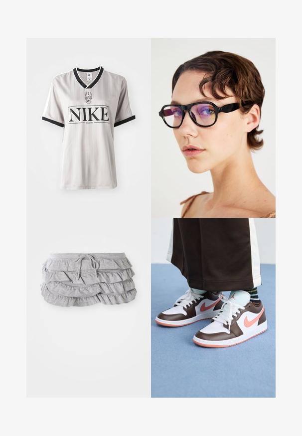 Gray striped Nike jersey with a black V-neck collar, featuring a prominent black logo and white accents on the sleeves.; Gray ruffled skirt with layered fabric design, drawstring waistband, soft texture, finished edges, and cascading ruffles.; White and brown Nike Air Jordan sneakers with pink accents, featuring a low-top design, white laces, and a textured rubber sole.; Black rectangular glasses with purple-tinted lenses, featuring a thick frame and flat sides, highlighting a modern design.; Gray corduroy bag with two short handles, a front pocket, and a prominent black letter "K." Features button closure and textured material.