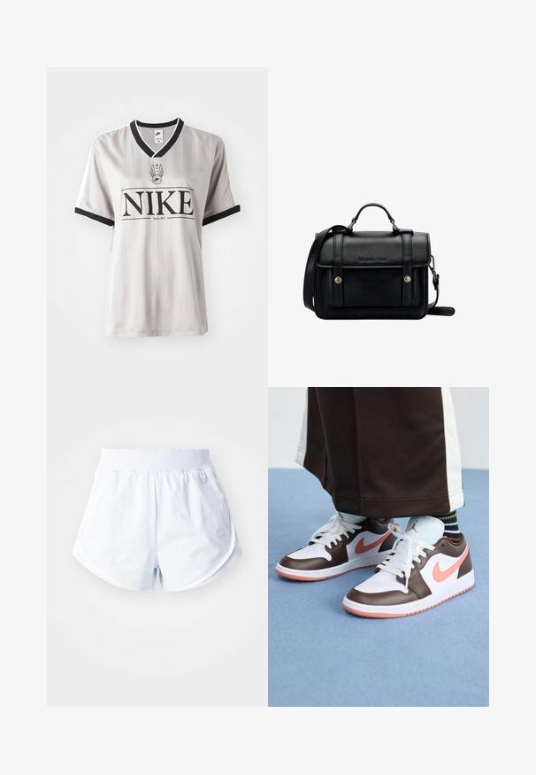 Grårandig Nike-tröja med svart V-ringning, som har en framträdande svart logotyp och vita detaljer på ärmarna.; Ljusblåa sportshorts med ribbat midjeband, rundad nederkant och vita sidodekorationer. Tillverkade av mjukt, lätt material.; Vita och bruna Nike Air Jordan-sneakers med rosa detaljer, med en låg design, vita snörningar och en texturerad gummisula.; Svart läder tvärs över kroppen väska med en strukturerad design, handtag i toppen, justerbar rem, framflik och metallaccenter. Har varumärke på framsidan.