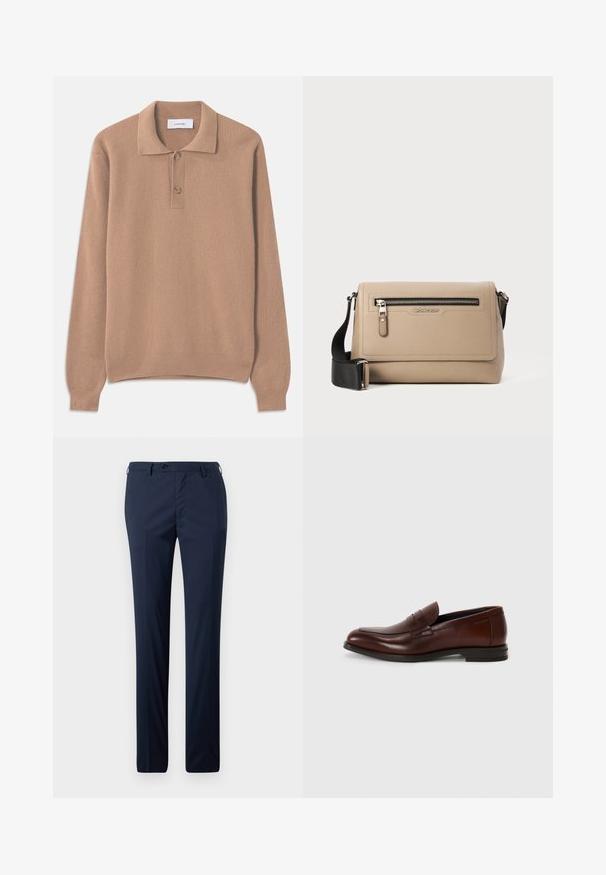 Beige geribde gebreide trui met lange mouwen, een polokraag en twee knopen bij de halsopening. Zachte textuur en rechte zoom.; Navy dress pants in een rechte snit, met een gladde textuur, een enkele knoopsluiting en riemlussen voor een op maat gemaakte pasvorm.; Bruine leren instappers met een ronde neus, een detail met een bandje aan de voorkant en een lage gestapelde hak. Glad textuur met minimale decoratieve accenten.; Beige leren schoudertas met een gestructureerde afwerking, voorzien van een zak met rits aan de voorkant en een verstelbare zwarte schouderriem. Logo aan de voorkant weergegeven.