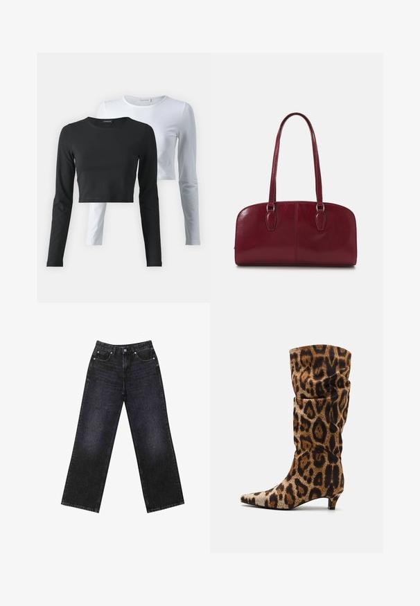 Dwie koszulki z długim rękawem, jedna czarna, a druga biała, wykonane z miękkiej bawełny, z okrągłymi dekoltami i skróconym krojem.; Czarne dżinsy z wysokim stanem i szerokimi nogawkami, pięciokieszeniowy design oraz widoczne szwy. Materiał ma gładkie, lekko teksturowane wykończenie.; Botki do kostki w wzór lamparta, z wyprofilowanym noskiem, luźnym krojem i niskim obcasem. Wykonane z teksturowanej tkaniny w odcieniach brązu i czerni.; Zign MURREN ciemnoczerwony