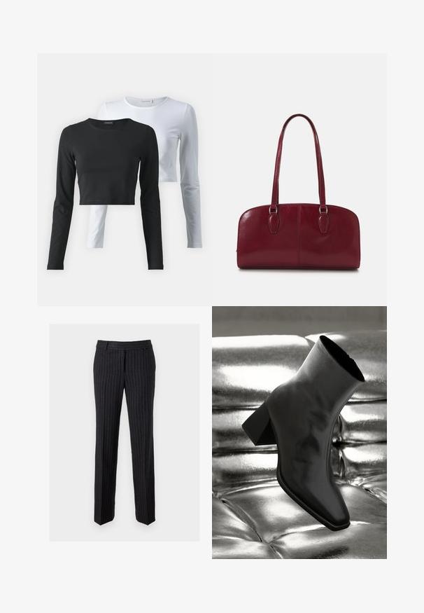 Două tricouri cu mâneci lungi, unul negru și unul alb, dintr-un material moale de bumbac, cu guler rotund și un design scurt.; Pantaloni negri cu dungi verticale, realizați dintr-un material texturat. Au fața plată, urechi pentru curea și picioare drepte. Fără accesorii sau detalii vizibile.; Cizme negre până la gleznă, realizate dintr-un material lucios, cu vârf pătrat și toc conic, plasate pe un fundal strălucitor de argint, cu un model tuftat.; Zign LEATHER - Geantă de mână - dark red