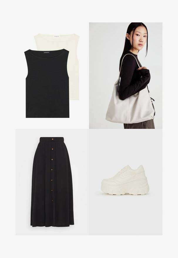 Fekete és krém színű, ujjatlan pamut felsők, kerek nyakkivágással és sima textúrával, címkékkel egymásra rakva.; Fekete hosszú szoknya, rugalmas derékkal, elülső gombos záródással és textúrált anyaggal. A gombok barnák és egyenletesen vannak elhelyezve.; Fehér platform sportcipők, sima bőrszerű felsőrésszel, kerek formával, párnázott bokával és texturált gumitalppal, jól definiált mintázattal.; Puha anyagból készült bézs kézitáska, laza dizájnnal, varrott részletekkel és két vállpánttal. Mindennapi használatra alkalmas.