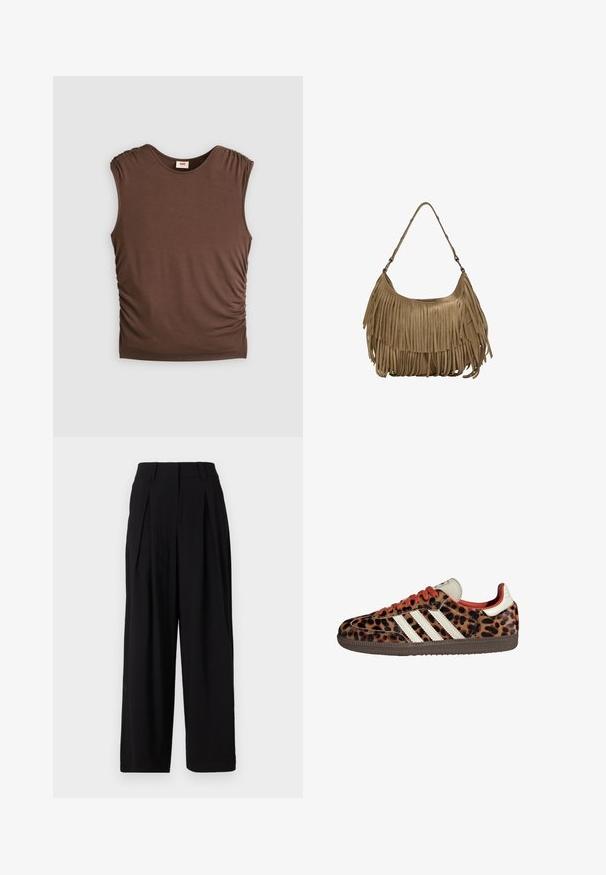 Hnědý top bez rukávů vyrobený z měkké látky, s nařasenými rameny a detailním řasením po stranách, bezšvovým výstřihem a přiléhavým siluetou.; Černé široké kalhoty vyrobené z hladké tkaniny, s vysokým pasem, sklady vpředu a splývavým siluetou.; Tenisky se vzorem leopardí kůže, z suédového materiálu, s červenými tkaničkami a třemi bílými pruhy na boku. Má krémovou jazyk a hnědou podrážku.; Hnědá semišová kabelka s dlouhými třásněmi, zakřiveným tvarem a jedním ramenním popruhem. Vyznačuje se hladkým, texturovaným povrchem.