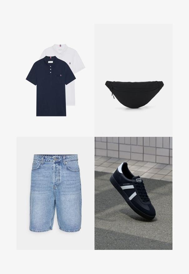 Twee polo shirts: één marineblauw en één wit, beide met een kleine rood, wit en blauwe accent op de borstzak en kraag.; Lichtblauwe denim shorts met een klassiek ontwerp, vijf zakken, een ritssluiting en zichtbare stiksels langs de zoom.; Zwarte leren sneaker met witte strepen, een gestructureerde rubberen zool en vetersluiting aan de voorkant. Voorzien van een merklabel op de tong.; Zwarte stof heuptas met een afgeronde vorm, voorzak met rits en een gladde textuur. Geen zichtbare patronen of accenten. Lichtgewicht ontwerp.