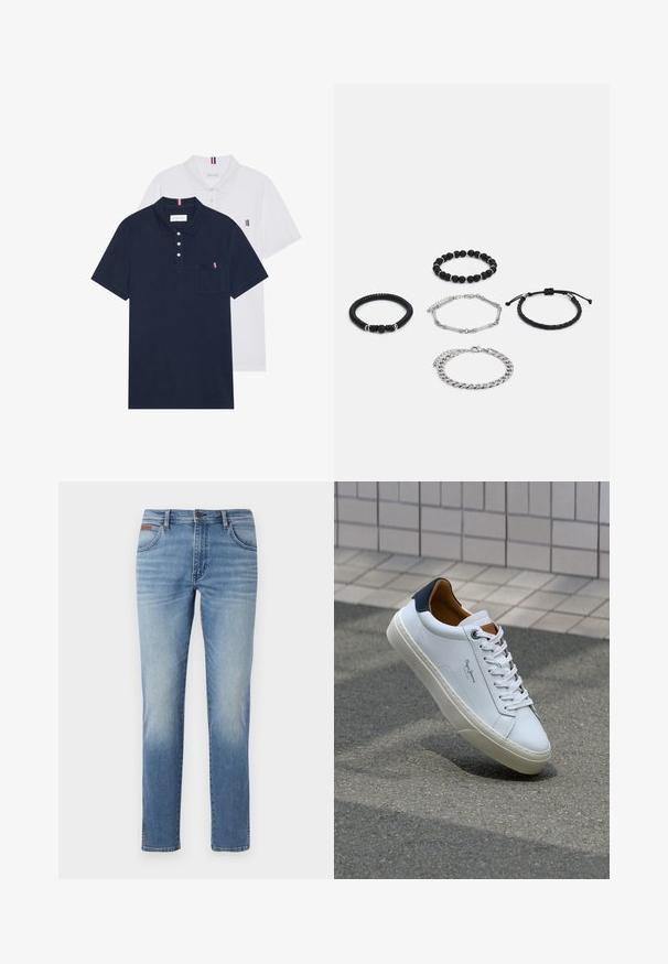 To polo skjorter: en marineblå og en hvit, begge med en liten rød, hvit og blå aksent på brystlommen og kragen.; Lyseblå denimjeans med rett ben-design, med frontlommer, lett falming ved hoftene og en klassisk knappelukking.; Hvit lærsneaker med marineblå hæl, rund tå og kontrasterende brune detaljer. Har flate lisser og teksturert gummisåle.; Fem armbånd: to svarte perlearmbånd, et teksturert svart snorarmbånd, en sølvkjede og et flettet svart snorarmbånd med justerbar lås.