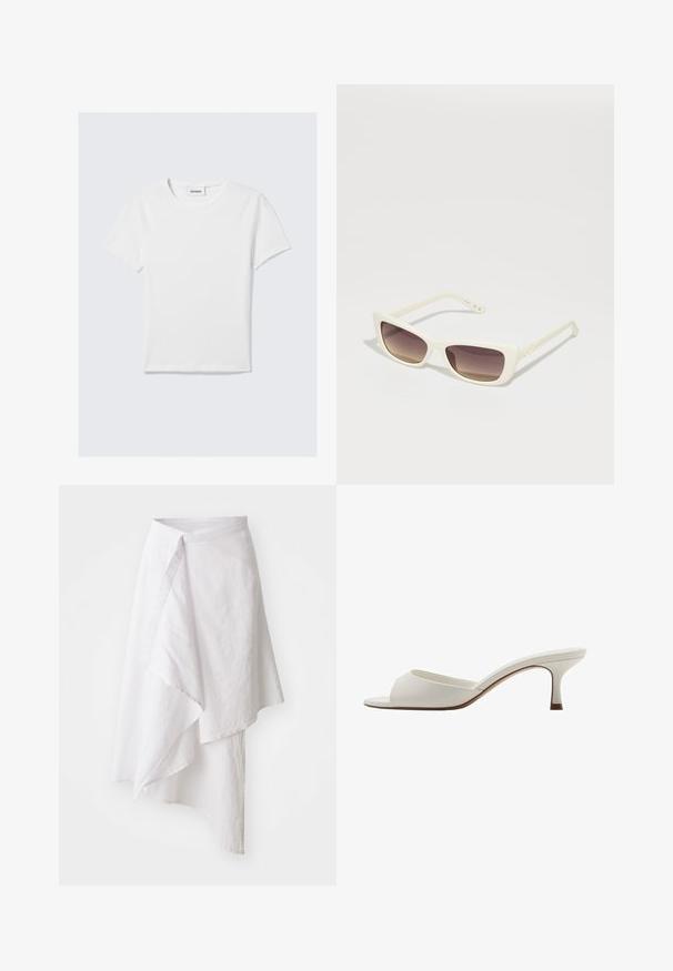 Valkoinen lyhythihainen T-paita, joka on valmistettu puuvillasta. Ominaisuuksiin kuuluu pyöreä kaula-aukko, pelkistetty muotoilu ja logotunnus kaula-aukolla. Sileä pinta.; Valkoinen kääntöhame, joka on valmistettu keveästä kankaasta. Hameessa on epäsymmetrinen helma, sileä rakenne ja yksinkertainen, minimalistinen muotoilu.; Valkoiset avonaiset korkeakorkoiset mulesit, joissa on sileä pinta, minimalistinen muotoilu ja hoikka korko, ja joissa on hienovarainen ruskea korostus pohjassa.; Valkoiset aurinkolasit, joissa on suorakulmainen kehys ja ruskeat gradienttilinsit. Ominaisuuksia ovat sileä muovipinta ja logo olan sivussa.; Ruskea nahkainen käsilaukku, jossa on kaksoiskahvat, kultaiset metalliosat ja rakenteellinen muotoilu. Sisältää keskiin käännettävän läpän, jossa on lenkkiyksityiskohta.