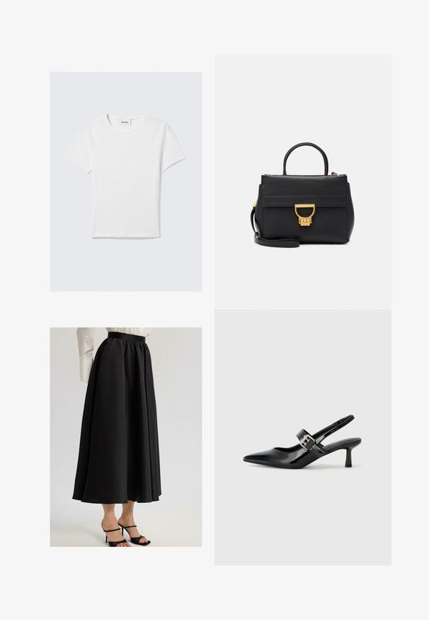 T-shirt bianco a maniche corte realizzato in cotone. Presenta un colletto rotondo, un design semplice e un'etichetta con il logo sul colletto. Texture liscia.; Gonna nera maxi realizzata in tessuto liscio, caratterizzata da una vita arricciata e un design fluido, abbinata a sandali neri con cinturini.; Décolleté neri in vernice con punta affilata e tacco a blocco piccolo, dotati di un accentuato con fibbia argentata sulla cinturino.; Borsa a mano in pelle nera con finiture dorate, design strutturato, manico superiore, tracolla removibile e pattina frontale con chiusura a scatto.; Orecchini in tono oro caratterizzati da forme ondulate eTexture. Comprendono chiusure clip-on scultoree e un design a cerchio aperto con finitura martellata.