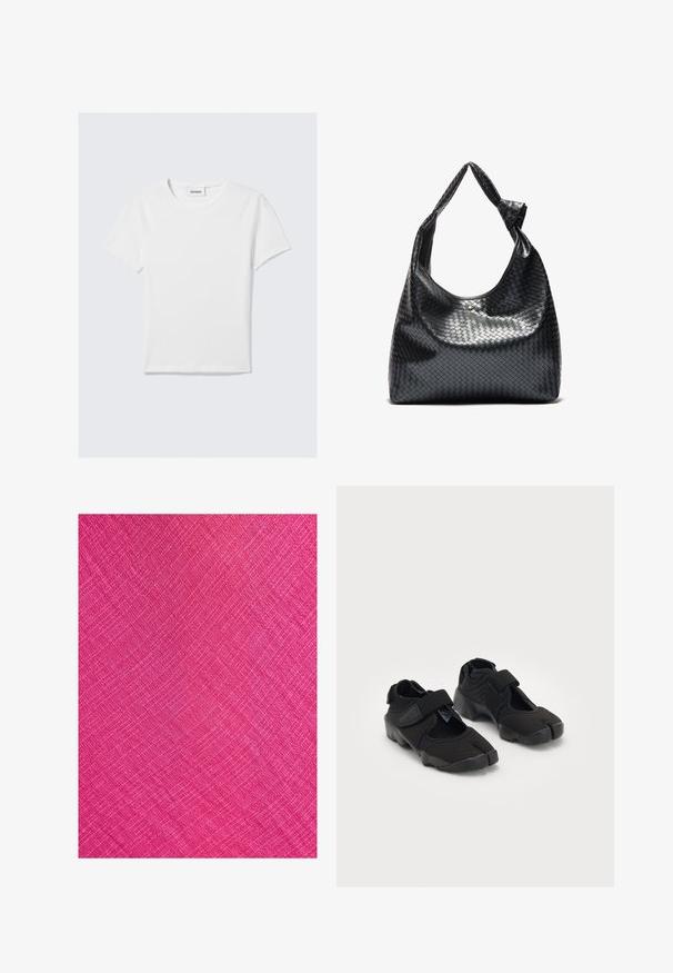Vit kortärmad T-shirt i bomull. Har en rund halsringning, en enkel design och en logotags vid halsen. Slät yta.; Klart rosa tyg med en texturerad yta, som har ett diagonalt mönster och fina linjer som skapar ett vävt utseende.; Svarta vattenskor gjorda av flexibelt tyg med ett kardborreband, med en unik delad tådesign och strukturérad gummisula för grepp.; Svart vävd läderhandväska med en avslappnad design, som har en knuten rem och en liten dekorativ guldfärgad nitar högst upp.