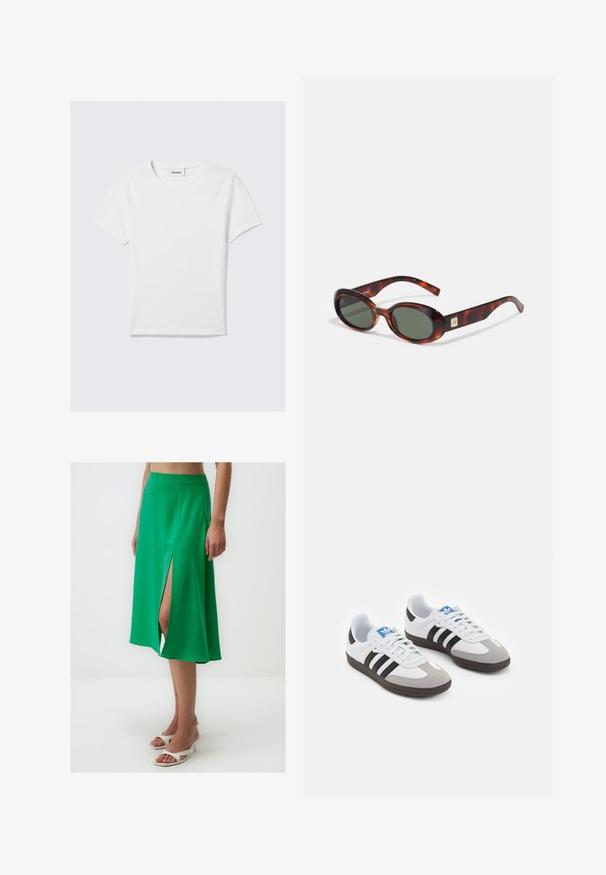 Weißes T-Shirt mit kurzen Ärmeln aus Baumwolle. Es hat einen Rundhalsausschnitt, ein schlichtes Design und ein Logolabel am Kragen. Glatte Textur.; Grüne Satin-Midi-Rock mit einem hohen Schlitz auf einer Seite, fließende Silhouette und glatte Textur. Kombiniert mit weißen Blockabsatzsandalen.; Sportschuhe mit einem Obermaterial aus weißem Leder, grauer Wildleder-Zehenkappe und drei schwarzen Streifen. Sie verfügen über ein blaues Logo auf der Zunge und eine strukturierte Gummisohle.; Schildkrötenmuster Sonnenbrille mit dunklen Gläsern, ovaler Form und breiten Bügeln. Verfügt über eine kleine goldene Akzentuierung an der Seite. Hergestellt aus glattem Kunststoff.