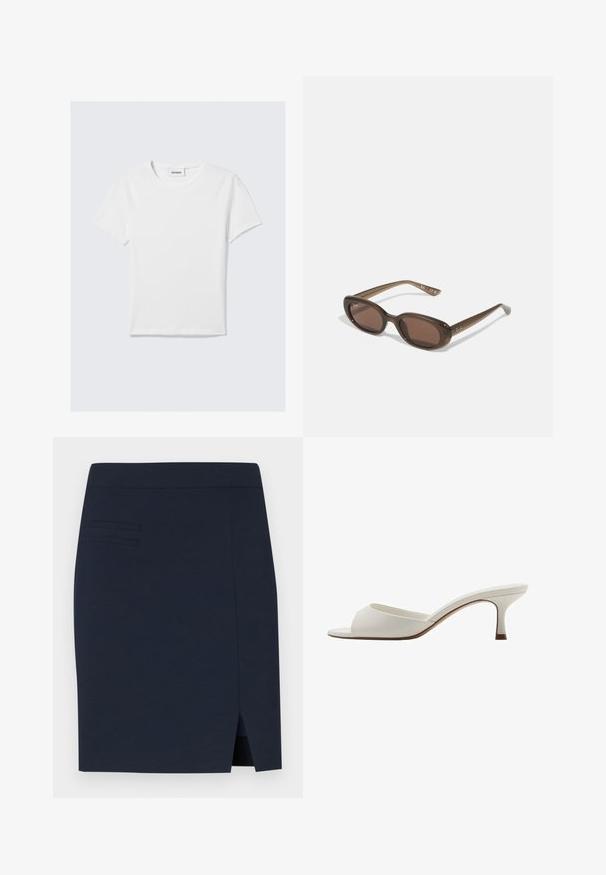 Weißes T-Shirt mit kurzen Ärmeln aus Baumwolle. Es hat einen Rundhalsausschnitt, ein schlichtes Design und ein Logolabel am Kragen. Glatte Textur.; Marineblaue taillierte Rock aus glattem Stoff, mit einem Schlitz hinten und drei horizontalen Steppnähten im Bereich der Vorderhosentaschen.; Weiße, offene High-Heel-Mules mit glatter Oberfläche, minimalistischer Gestaltung und schlankem Absatz, ausgestattet mit einem subtilen braunen Akzent auf der Sohle.; Braune ovale Sonnenbrillen mit dunklen Gläsern. Das Gestell besteht aus einem transparenten braunen Material und hat ein auf den Bügeln aufgedrucktes Logo.; Grüne Lederhandtasche mit glatter Textur, gebogenem Design und geflochtenem Griff. Verfügt über einen Reißverschluss und einen verstellbaren Riemen.