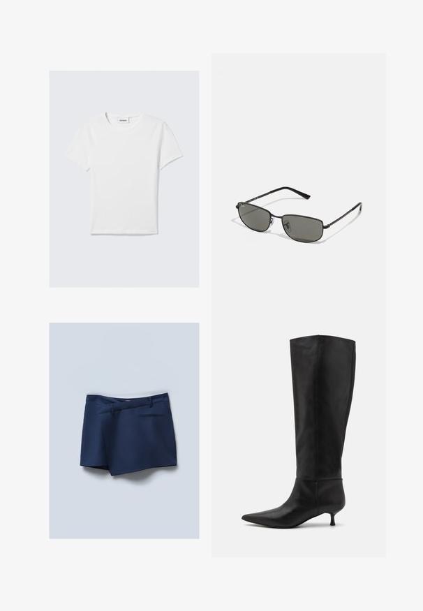 Hvid T-shirt med korte ærmer lavet af bomuld. Har en rund halsudskæring, et enkelt design og et logoetikette ved halsen. Glat tekstur.; Marineblå shorts med flad front, sidelommer og en baglomme. Glat stof med et skræddersyet udseende og syede detaljer.; Knæhøje sorte læderstøvler med spids tå og kitten-heel. Glat tekstur og minimalistisk design uden synligt hardware eller accenter.; Sorte metalrammesolbriller med rektangulære linser. Har et tyndt design og gråt tonede linser, der viser en minimalistisk stil.; Burgunderfarvet læderhåndtaske med dobbelte håndtag, struktureret overflade, sidelommer med lynlås og en fast form. Udstyret med hardware i sølvfinish.