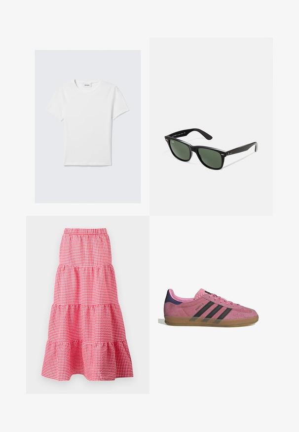 T-shirt blanc à manches courtes en coton. Présente un col rond, un design uni et une étiquette logo au niveau du col. Texture lisse.; Jupe à volants en vichy rouge et blanc avec une taille élastique et un ourlet froncé, composée de trois couches froncées. Matière en coton.; Baskets en suède rose avec des rayures noires, semelle en gomme et talon en velours violet texturé. Présente un design à lacets et un logo embossé sur le côté.; Lunettes de soleil en plastique noir avec verres verts, monture carrée, accent argenté sur le sourcil et branches texturées. Marque indiquée sur l'intérieur de la branche.