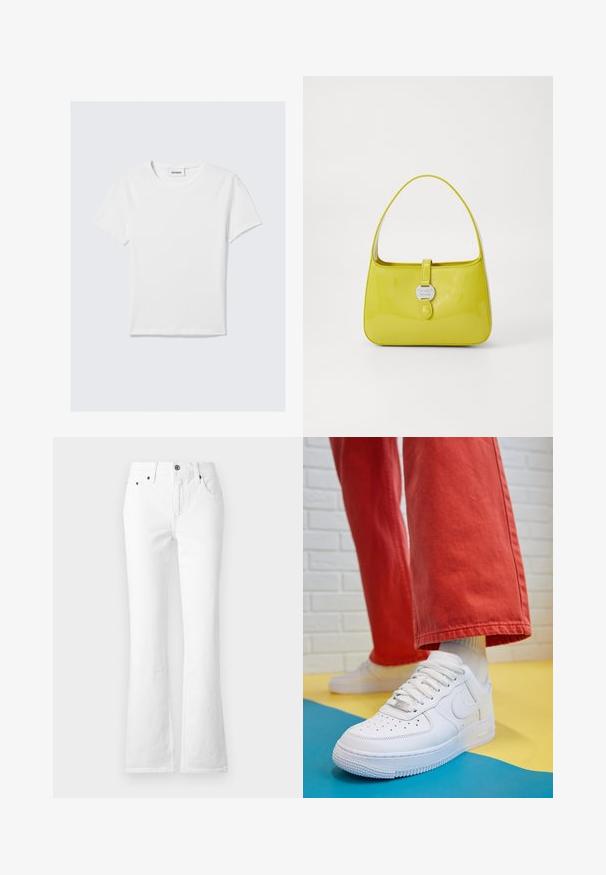 Bílá krátkosrstá tričko vyrobené z bavlny. Má kulatý výstřih, jednoduchý design a logo štítek na výstřihu. Hladká textura.; Bílé denimmové kalhoty s rozšířenými nohavicemi, vysokým pasem, pěti kapsami a zapínáním na knoflík. Látka má hladkou texturu s viditelným švem.; Bílé kožené tenisky s perforovanou špičkou, texturovanou podešví a bílými tkaničkami, v kombinaci s širokými červenými kalhotami a modro-žlutým pozadím.; Žlutá lakovaná kabelka se strukturovaným tvarem, horním uchem a předním uzavíráním na patent s kruhovým kovovým logem.