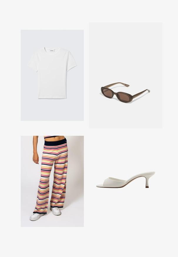 T-shirt bianco a maniche corte realizzato in cotone. Presenta un colletto rotondo, un design semplice e un'etichetta con il logo sul colletto. Texture liscia.; I pantaloni wide-leg a maglia a righe presentano righe orizzontali in rosa, giallo, blu navy e bianco, con una vita in maglia ribbed blu navy e una consistenza morbida.; Mule con tacco alto, aperti davanti e di colore bianco, con una finitura liscia, design minimalista e tacco slanciato, caratterizzati da un sottile accento marrone sulla suola.; Occhiali da sole ovali marroni con lenti scure. La montatura è realizzata in un materiale marrone trasparente e presenta un logo stampato sulle tempie.