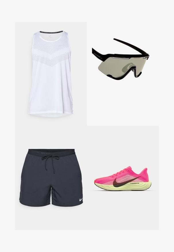 Bela športna brezrokavnik s krožnim izrezom, ki ima teksturo na prsih in zračen material. Brezrokaven dizajn.; Nike tekaške kratke hlače, temno siva barva, elastičen pas z vrvico, stranske žepe, lahka tkanina, z belim Nike.Logo na spodnjem robu.; Svetlo roza atletski čevlji z teksturiranim mrežastim zgornjim delom, črnim Nike znak, rumenim srednjim delom in rdečim zaščitnim delom na prstih. Namenjeni teku.; Črne športne sončna očala z obkrožajočim dizajnom, ki imajo velike sive leče in trden okvir z belimi poudarki ter logotipom.